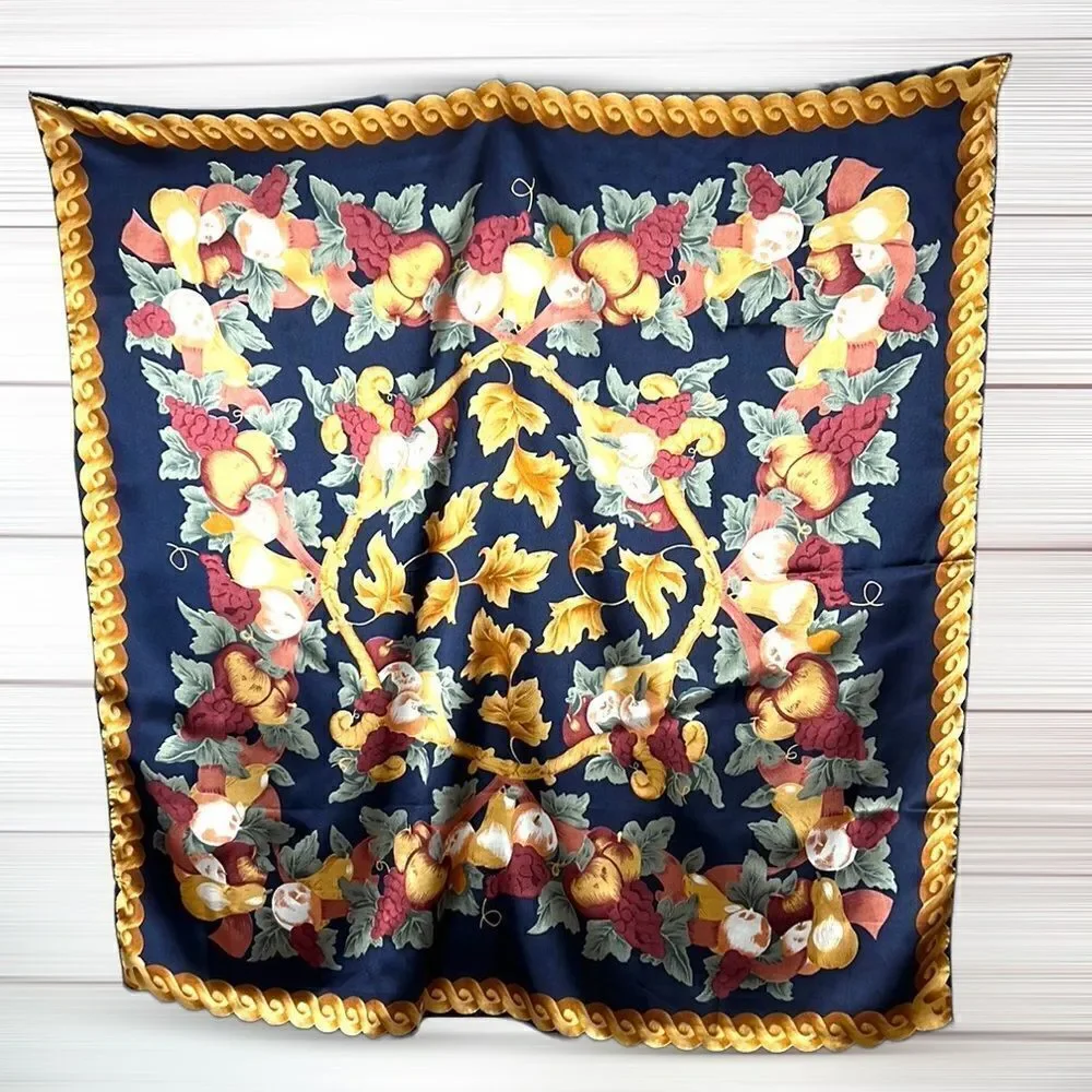 Silk Satin Navy Blue Square Scarf Fruits and Golden Leaves Print